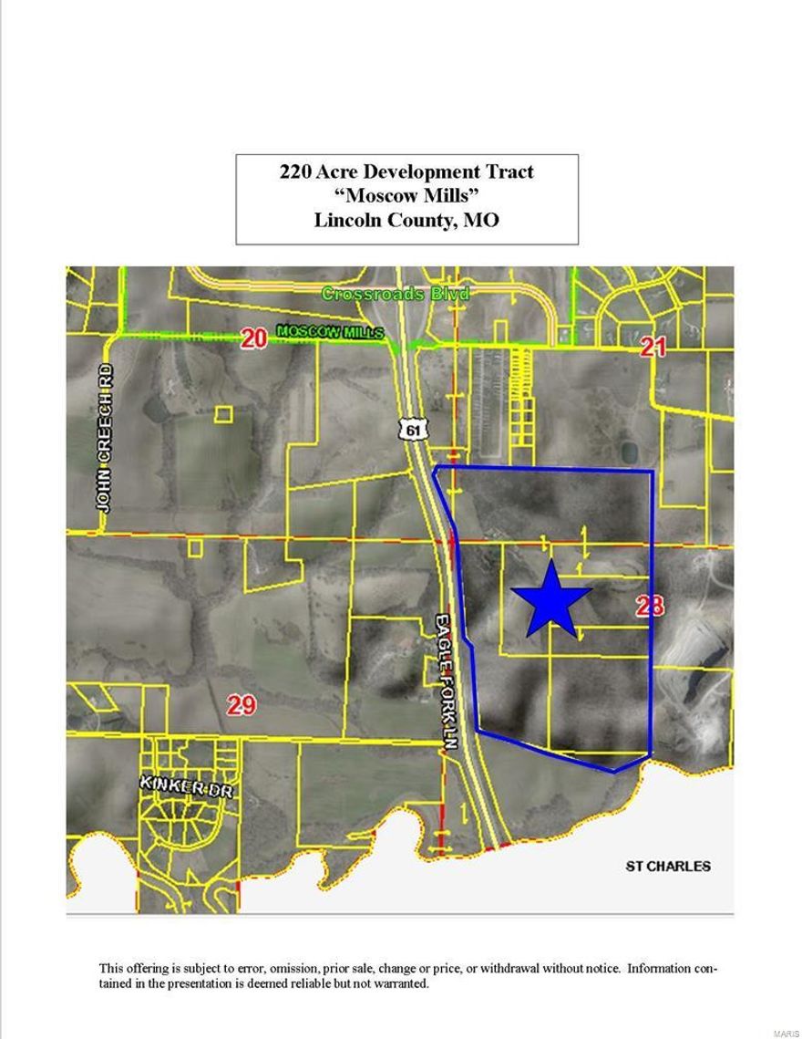 220 Acres “Moscow Mills”, Lincoln County, MO.   This 220 Acre property is located in Southern Lincoln County, just south of Moscow Mills on Highway 61.  The property has 178 acres woods with 42 acres open with ranch home. The first property on the right when you enter Lincoln County.  This heavily wooded tract with scattered meadows throughout overlooks the Big Creek Valley and holds abundant wildlife.  The tract is only 1/3 mile from the city limits of Moscow Mills at Crossroads Blvd. and has over 3/4 mile of State Highway 61 road frontage.  Ideal for hunting and recreation and/or Estate Home site with future development potential just North of the Lincoln/St. Charles County line.  $2,310,000/$10,500 per acre