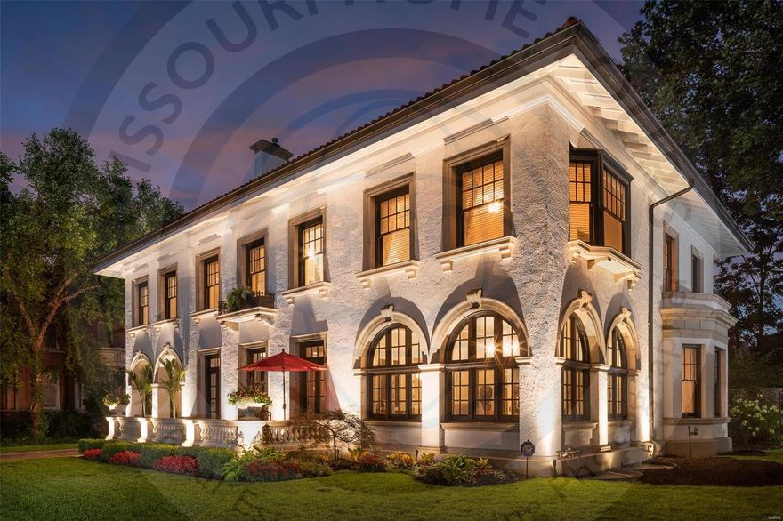 This show stopping Mediterranean style villa was designed in 1913 by architect William Levy. Nestled on the private tree-lined street of historic Washington Terrace and close to the shops and restaurants in the charming Central West End, this historical masterpiece has been completely renovated and features original architectural details including a grand foyer with original B&W marble floor, barrel ceiling, alabaster chandeliers, ornate plaster fireplace and original hardwood floors. Beautifully restored French pocket doors leads to new upscale chefs’ kitchen with marble counters, large center island, glass tile backsplash & SS designer appliances. Home features 5 bedrooms & 6 completely renovated bathrooms with signature fixtures & hardware. Third floor features Family Room with fireplace and large open floor game room. And while the professional renovations maintained all the historical charm, it also includes all new plumbing, HVAC, electrical and historically approved new roof.