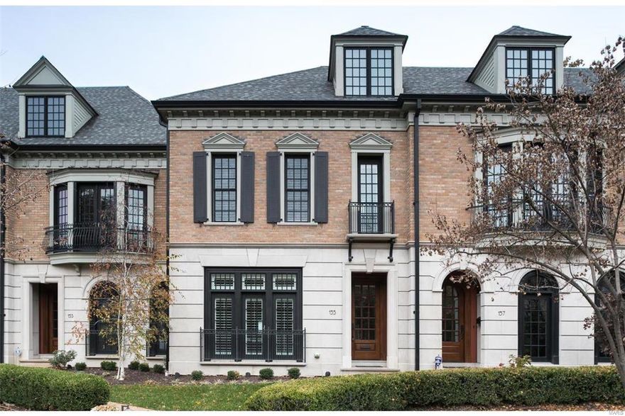 This remarkable Georgian style town home built just 14 years ago is designed w/high quality finishes inside and out. It includes 4 bedrooms and 3.5 baths in approx 3447 sq ft on 2.5 stories. Features begin w/10ft ceilings, extensive ceiling & wall crown moldings, plantation shutters and custom mill work throughout. Signature: Gourmet kitchen featuring a Wolf gas cook top w/front controls, granite counters, breakfast bar & pendant lights. The luxurious master suite is private from the secondary bedrooms. It is highlighted by a whirlpool tub, separate walk-in shower and walk-in closet with organizers. The third floor has great natural light and opens to a family rm & 4th bedroom area. Enjoy your own private patio & garden area outside the hearth room. Lower level storage and utility room also includes space for elevator and two spacious underground secured parking spaces. Walk into the heart of Clayton for restaurants, shops & grocery. New 2017 Tax Bill: $12,920.00