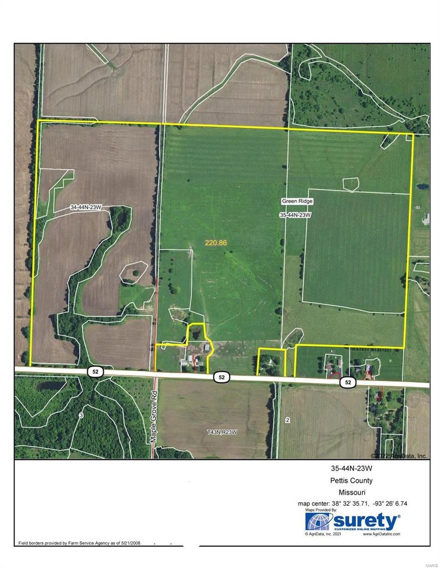 222 acres Pettis County - 210 acres tillable, good class II and III soils. Cash lease agreement for 3 years (2022-2024) paying $225 per tillable acre ($46,500). Good highway frontage. There is a easement with Pepper Creek Solar, no solar panels will be installed. Electric transmission lines will be buried along the west border of the farm. Once it is installed the owner will receive a one time payment. 18 miles from Sedalia. $7500/acre.