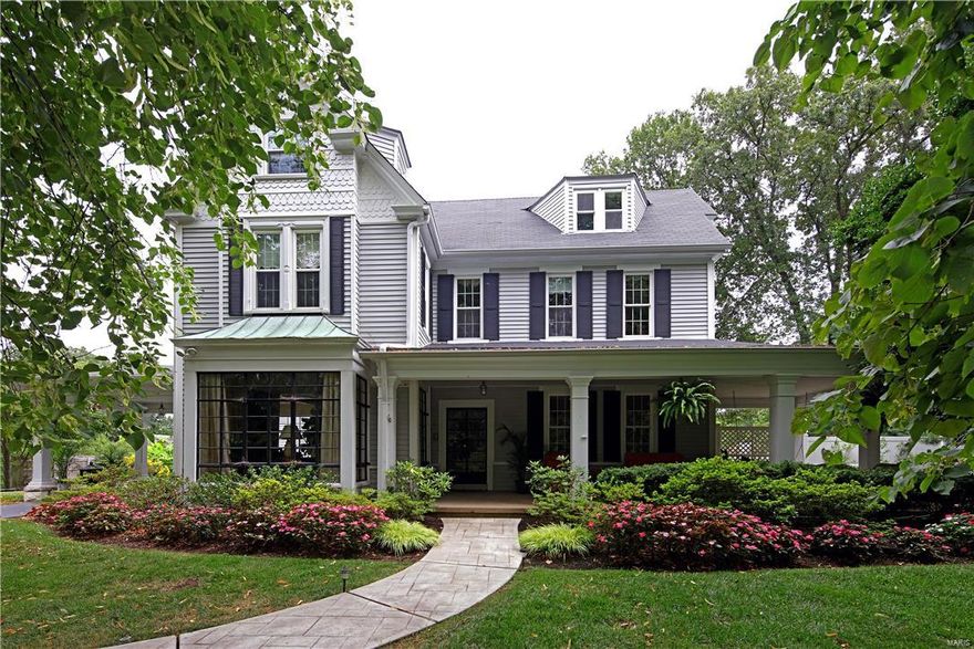 Great New Price! Motivated Seller! Historic Landmark Home, designed & built by famous St. Louis architect Henry Singleton, the architect who designed the Old St. Louis Courthouse, is a gem in the heart of Kirkwood! Perfectly situated on 1 acre of lush private grounds. Enter from the lrge covered wrap around porch to dramatic entry w/ Hope Steel Casement windows & soaring ceilings. Generously sized rms highlighted by lovely millwork, hearth rm w/stone fireplace, wine cellar, original butler's pantry & old world elegance.  Kit w/ adjoining hearth rm w/ original frpl + kit opens to level fenced yard & patio. 11x9 mudrm is great opportunity for cubbies &/or desk area + large walk-in pantry! 2nd flr w/ 3+bdrms, 3 full baths , fam rm & lrg 2nd flr. laundry (was a bdrm). 3rd flr w/ 3 bedrm, bath & fam rm area.  Original carriage house has been restored to a 3 car gar w/ office/studio/bdrm space, kitchenette & newer full bath.
Enjoy walking to dinner, shopping & parks! Additional Rooms: Mud Room