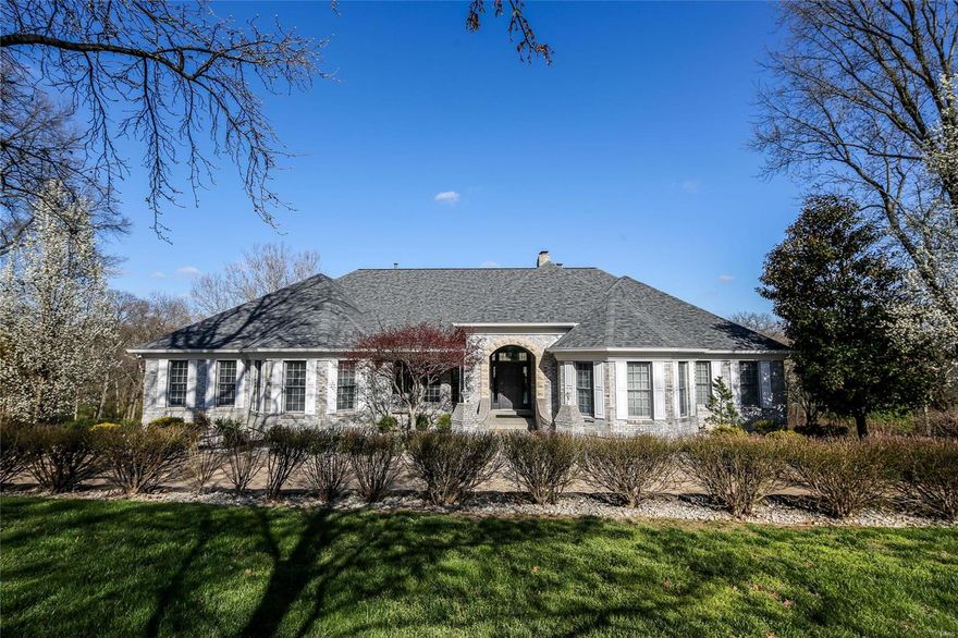 Must see Atrium with over 8000 sq ft on 4.3 acres backing up to Laumeier Sculpture Park in Sunset Hills. Custom brick ranch offering 7 bds, 6 bths & many special amenities adding to its beauty, functionality, & high tech safety features. Great rm overlooks the grand spiral staircase leading to the atrium showcasing a koi pond w waterfall, exotic plants & family/ent area. Great rm w gas fireplace offers open ent area surrounded by formal dining w bay window & millwork. Kitchen w walk in pantry, brkfst island, new ss appliaces w dble ovns, gas range & brkfst rm overlooking deck & Park. Sun filled sitting rm & main fl laundry. Huge in law suite great for multi-generational living or home business w/ private entrance. Spacious Master suite w Romeo & Juliet balcony, see thru gas fpl to luxury bath & walk in closet. 3 bds & 2 bths complete the main level. The LL is the ultimate ent area w fpl, kitchen, work out rm w hot tub, media rm, rec rm, full bth, 2 bds. Safe rm w walk in closet & bath.