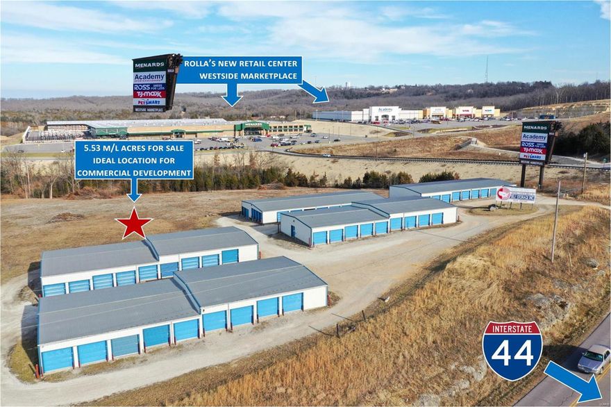 5.53 m/l acres with prime I-44 visibility!  This parcel is located directly next to the new Westside Marketplace retail center which will give it fantastic exposure and make it ideal for commercial development.  It currently houses 20,000 m/l square feet of rentable storage space but has endless possibilities! Location: City