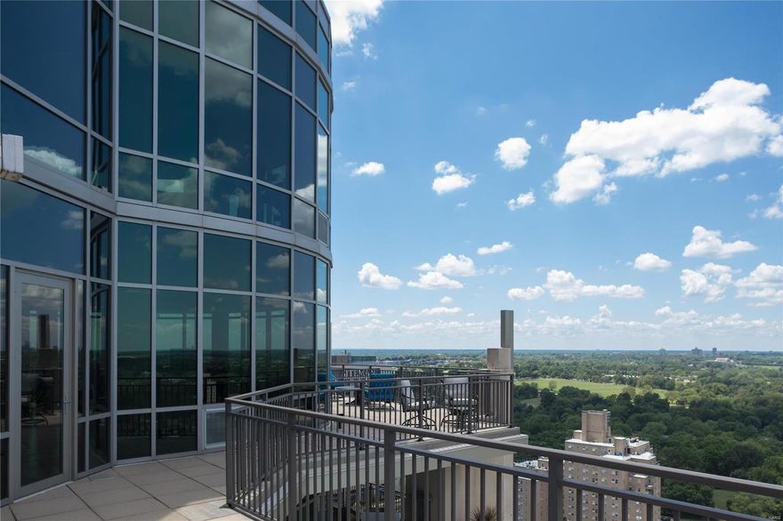 The most impressive Penthouse Condo in Missouri, occupying the entire 25th and 26th floor of the Park East Tower in the Central West End. Over 6,500SF of living space with 360 degrees of floor to ceiling windows, and in excess of 3,000SF of private roof top terraces, with hot tub, with breathtaking paramora views of the city. Modern and sleek finishes create a palatial, yet comfortable home in the sky. Luxury chefs kitchen, integrated appliances, dining room with seating for 14+ overlooking Forest Park, 2 story Living Room with temp controlled wine room, and bar. Opulent primary suite outfitted with dual spa-inspired baths and room-sized organized closet, with a sitting room that takes in spectacular sunsets. 2nd full bedroom suite. Hearth room features wood burning fireplace with built in cabinetry. A private glass-enclosed elevator services both levels, as does an artistic glass staircase, Full service building with 24hr doorman, pool, and gym. Private laundry. One-Of-A-Kind. Location: Upper Level