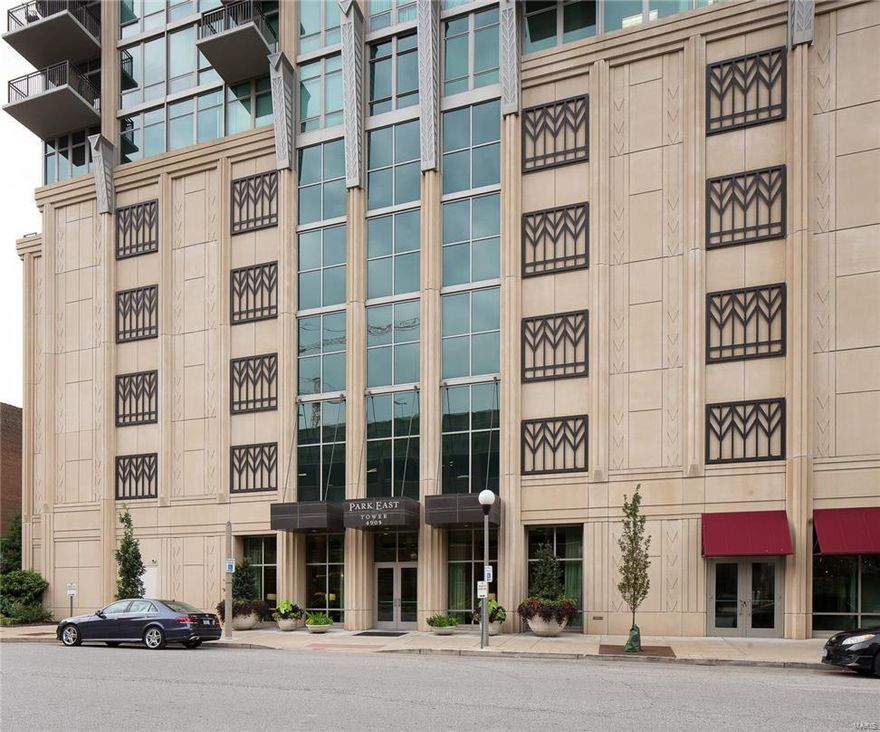 Incomparable views of the St Louis City skyline are the first thing you see when you enter this light filled penthouse on the 24th floor of the Park East Tower. Two terraces are easily accessed from the LR, DR, MBR or MBA and faces east so you will enjoy a wonderfully shaded oasis to relax and admire the amazing view.This beautiful home features newer walnut flooring in the main living space.A professionally equipped kitchen with island offer top of the line appliances and has been updated with a beautifully handcrafted walnut breakfast bar with matching stools.The master bedroom with a huge walk-in closet adjoins the master bath that has been tastefully updated with luxurious sleek finishes. The 2nd BR suite features a graciously appointed bath with separate vanities and over sized shower.It has two parking spaces in the garage & large storage unit right beside.Park East Tower has a 24 hr doorman, security, fitness center, pool, deck gas grills and community room. Location: Corner Location, Upper Level