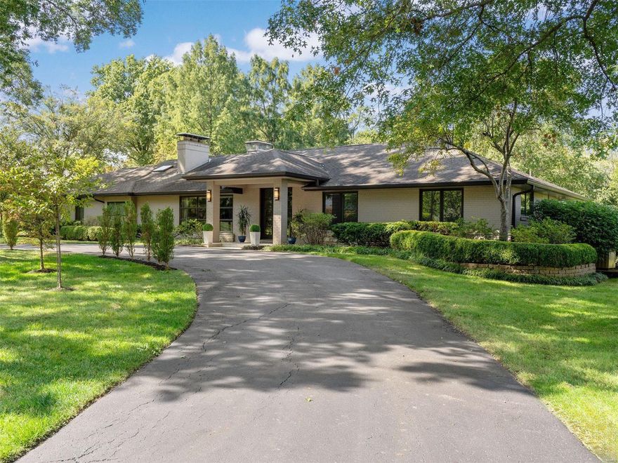 Stunning ranch nestled in sought-after Frontenac! Step inside to the serene elegance of lofty ceilings, picture windows that flood the space w/natural light, French doors that beckon you outside & open/airy interiors. A spacious great room connects to a covered terrace & patios, creating seamless indoor-outdoor living. The chef's kitchen, open to a charming courtyard for dining al fresco, boasts dual islands, an abundance of custom cabinetry & oversized butler's pantry. The primary suite is a private sanctuary, featuring a seating area w/courtyard access, a lavishly customized walk-in closet & a spa-like bathroom for two. Down the open staircase is a finished lower level complete w/media room & climate controlled wine cellar. Outside, discover a professionally landscaped acre lot adorned w/multiple patios, gardens & endless possibilities for quiet enjoyment. This unique property is a true suburban oasis, offering a peaceful retreat just moments from all the conveniences you desire. Additional Rooms: Wine Cellar