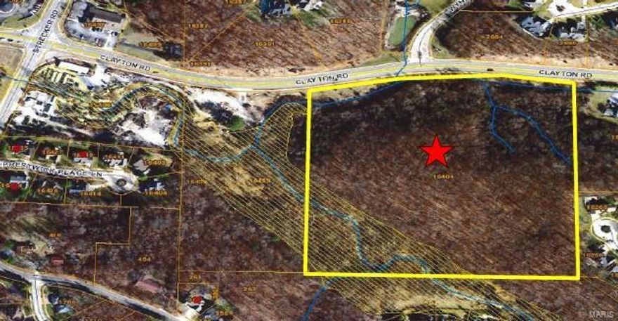 This property is located in the City of Wildwood. It is currently zoned for 3 acre lots. You may be able to get zoning where the homes are clustered on the property but a maximum of 6 homes are built. There is flood plain on the southwest corner of the property. The location of the utilities is unknown but we have been told that they are either on the property or the property has access to them. This is a great location only 1 mile west of Clarkson Road at Clayton Road.