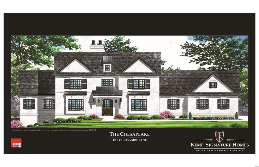 Take advantage of the rare opportunity to build your dream home on this beautiful 2+ acre lot in Frontenac/Ladue schools.
Choose from builders portfolio of plans including the featured Chesapeake plan developed exclusively for this lot. Traditional 1.5 story design features stunning details both inside and out such as 10' pour foundation, 10' 1st fl ceilings, 9' 2nd fl. extensive millwork detail thruout with vaulted/coffered ceilings,raked beamed truss ceilings,box beams, crown mould, Beck/Allen cabinetry, Decor Modernist Collection SS appliances, 25' X 23' outdoor room, 3 fireplaces, 4 car garage, wine room/butlers pantry, custom bookshelves in library, granite countertops thruout, Kohler fixtures, rough-in low voltage/security/audio visual systems included. Generous allowances for electrical fixtures, cabinet hardware, custom shelving, backsplashes in Kitchen & Wetbar.Sprinkler system incl. Very private lot, perfect for your resort styled pool in very desirable Countryside Lane. Additional Rooms: Mud Room