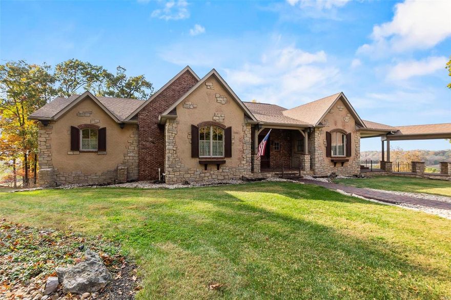 FIRST TIME ON THE MARKET! MOTIVATED SELLER! Breathtaking views from every room. If you love seeing the seasons change this is your forever home. Custom designed & placed on the highest hill, surrounded by a spacious covered porch for outdoor living year round. This quality home was well thought out with many extras to include...oversized entry, walk-in pantry, oversized master closet, private bath for each of the 4 bedrooms, mostly wood floors, 2 stone fireplaces, all 8 ft doors, 10' & 14' ceilings, 4 HVAC for zone control, tankless water heater & Generac whole house generator. Top this off with a covered breezeway leading to the garage and carriage house for guest. The carriage house had open living & kitchen space, 1 bedroom and a full bath. Property has 1 shared pond, 2 waterfall features, pasture, wildflower meadow & woods. Ideal location for horses or peaceful country living. Additional 15+ acres available. Choice of Cape Girardeau or Jackson high school. Video available online