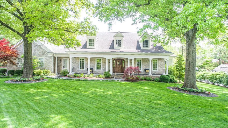 Storybook Cape Cod, nestled on private, level lot in the heart of Ladue. Charming culdesac lane accross from St. Louis Country Club and just a short 2 minute drive to Clayton. Predominately stone. Gorgeous rear yard backing to trees with 5 year old pool by Pool Specialists. Covered octagon sitting area with TV. Outdoor firepit. Covered patio area spans across the rear of the home with bead board ceiling. Inside the outstanding floor plan has great usable space in all the right locations. Beautiful kitchen is the center point with center island/breakfast bar that leads to huge hearth room on one side and large breakfast room on the other.  Dining room with french doors to pool area. Master suite with large bath and customized walk in closet. Upstairs there are 3 bedrooms and bonus room, 2 full baths. LL has a large family room, billiard area, exercise, office and wet bar with dishwasher and frig, 3 car garage with stairs to open attic space. Hickory floors beautiful beams and millwork.