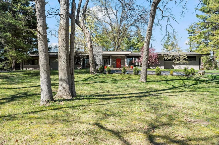 No need to go any further than Creve Coeur! This magnificent & thoroughly authentic mid-century modern home is on a private 2 acre parcel w/ patios, sumptuous pool & recently built matching playhouse. Custom artistic details on the exterior blend w/ a sophisticated layout & the use the finest building materials giving it the vibe of Palm Springs California! The updates & additional features include extensive décor changes, newer kitchen, baths, full master suite w/ sitting room, lower-level finish & spectacular pool, landscaping & outdoor living areas plus so much more! The footprint is large but comfortable & chic, inviting the perfect elements for family living & entertaining. Vaulted beamed ceilings, clerestory windows, expansive light, open flow, & an interior that welcomes the outdoors. Featured in a 2015 St. Louis Post Dispatch article highlighting the on-trend aspects of owning a midcentury masterpiece, this home has continued to be enhanced and maintained to perfection! Additional Rooms: Mud Room