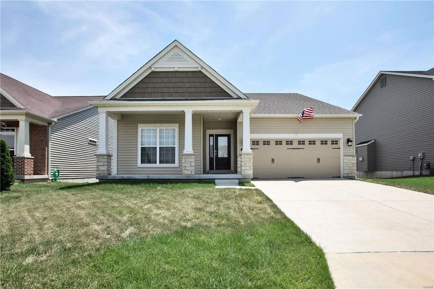 Priced Less than you can build! 3 Year New Frischer& Frichtel built ranch backing to 65 acre park with Lake View!! Minutes from Hwy 364 enable you to zip into West county, downtown & the airport! Fabulous open floor plan w/9ft ceilings & loaded w/upgrades including an extra deep garage & walk-out lower level! High end kitchen upgrades w/custom self-closing 42in cabinetry w/crown molding, granite, wall ovens, gas range, ss hood, huge island w/farmers sink & breakfast bar. Wood floors thru entry, great rm, kitchen & breakfast rm. Vaulted Clg in Grt rm-Kitchen. Great rm features a gas fireplace, recess lighting & gorgeous lake view! Walk out thru 8ft tall sliding dr & enjoy a relaxing bbg on the deck! Enjoy upgraded mstr luxury bath w/integral wave bowl double vanity, frameless shower dr, large soaking tub & huge walk-in closet while you enjoy the park/lake view from the mastr bdrm windows. Main flr laundry! The 65 acre park has walking trails, pavilion & fishing.