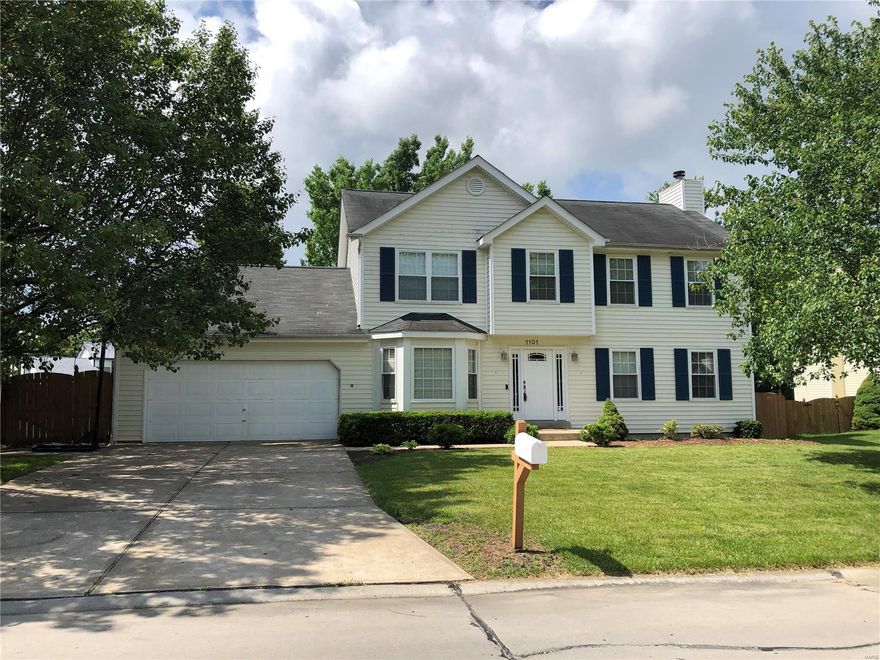 Don't miss this great 2-story home on a large corner lot, with easy access to MO Route 364. So many updates over the years - siding, approx., 01; above ground pool & privacy fence, 05; roof, 06; windows & doors, 09; furnace, 2016; water heater, 2017; carpet & flooring, 20-21; kitchen appliances, 21. From the foyer, flows the huge living room with wood-burning fireplace. A nice bay graces the dining room. The updated kitchen comes with new appliances & a large pantry. The adjacent main-floor laundry room leads to the over-sized 2-car garage. Upstairs is the master bedroom with it's own private bath, featuring separate tub & shower with solid surface surrounds, & walk-in closet. Three other bedrooms & bath complete the second floor. The large family & recreation rooms are located in the basement. Don't miss the wet bar & fridge. Out back is a large fenced yard, concrete patio, above ground pool & garden shed. 2-10 Home Warranty with Pool Coverage ($810) offered to Buyer at closing.