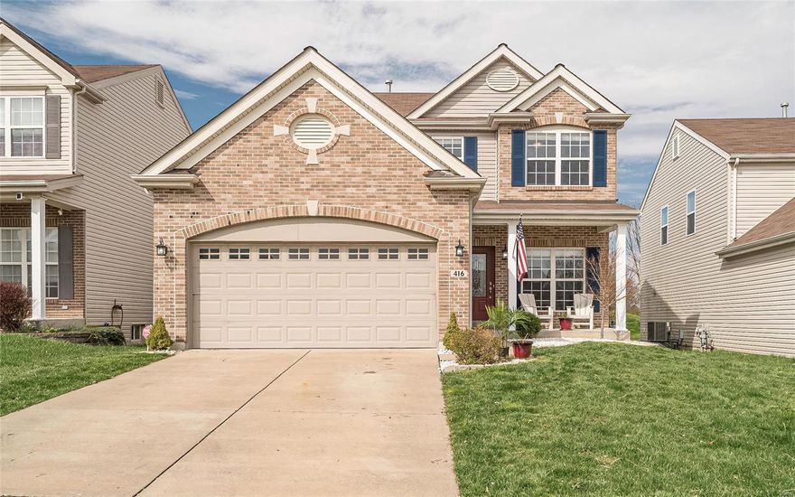 Beautifully updated 9 year old home with open floor plan! Charming front sitting porch opens to entry hall and formal dining room with large picture window. Spacious family room with gas fireplace open to the bright breakfast room and kitchen with updated custom white cabinetry, center island and stainless appliances. Main floor also has half bath, den and main floor laundry. Upstairs, your master suite is situated opposite the two additional bedrooms for additional privacy and includes a large bathroom with double bowl vanity, separate tub and shower and 2 walk-in closets. There is also a cozy loft that provides additional living space. The unfinished lower level offers a myriad of possibilities. Yard boasts nice landscaping and a new stamped concrete patio with built-in fire pit and makes for the perfect space for outdoor entertaining! Other updates include new flooring and interior paint. GREAT LOCATION as centered between 364 and 70 and short stroll from the Streets of St. Charles.