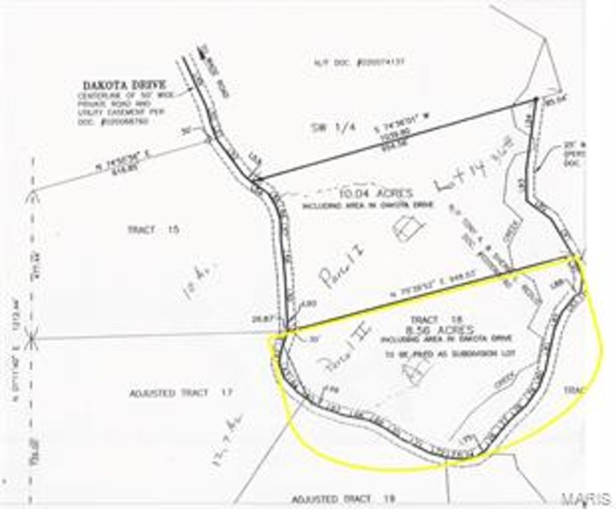 PARK-LIKE 8.56 ACRES IN DAKOTA HILLS, PACIFIC, MO.  BUILD A HOME, OR JUST ENJOY AS A GETAWAY SPOT IN THE COUNTRY....SPECIAL FEATURES...MATURE HARDWOOD TREES, HIKING PATHS, ROCK BLUFFS, AND CREEK THROUGH THE VALLEY.  GATED COMMUNITY. SOME INDENTURES...BACKS TO LA BARQUE CREEK CONSERVATION AREA...GORGEOUS HIKING TRAILS..ACCESS FROM THIS ACREAGE. Additional Rooms: In Platted Subdv.