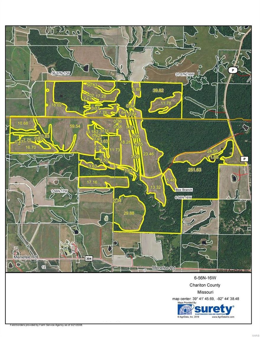 710 acres Chariton and Macon - 217 acres just out of CRP for a total 317 acres tillable. One year cash rent paying $160 per tillable acre. Small 1 bedroom bunk house. 7 ponds, the largest is well stocked. Puzzle Creek and bottoms runs through the center of the property. Excellent and diverse habitat. A logger gave an estimate of over $200,000 of marketable timber. Access to public water, electric and telephone utilities. $3381/acre.