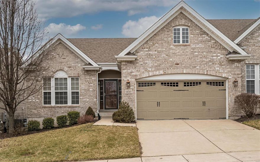 Exceptional 1-sty brick & stone villa in upscale community! Open floor plan designed to accommodate daily comfort & gracious entertaining. Inviting front door w/ covered porch leads to wide vaulted foyer, spectacular GR w/ cast stone fireplace flanked by full-height windows & adjacent DR w/ wide bay window & French door opens to deck. The kitchen is a chef’s delight w/ granite countertops, 42” glazed cabinetry, SS appliances & stacked stone island w/ breakfast bar. Coffered Msrt bedroom ste w/walk-in closet & luxury bath offers an appealing retreat. 2nd bedroom, hall full bath & convenient laundry complete the main floor living quarters. Walk-out LL includes recreation room w/ gathering bar & sliding glass door to patio, 3rd bedroom & full bath. Situated on a premium lot looking to pond w/ fountain & woods, w/ maintenance free composite deck, covered patio & 2-car garage. Convenient Chesterfield location just minutes from shopping, restaurants & parks with easy access to Hwys 40 & 270. Location: Ground Level