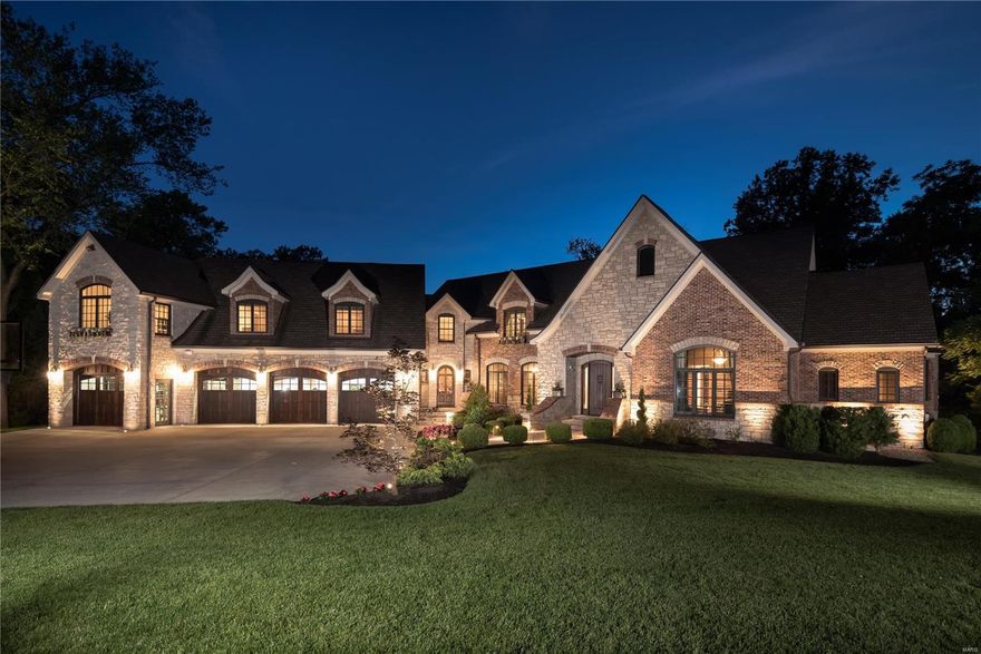 At the end of the intriguing drive, you will find a stunning private residence that has undergone significant updates and additions since it was built in 2006. Extraordinary craftsmanship, superb architectural finishes and integrated systems, this 5 bedroom, 6.5 bath manse is an entertainment mecca. Entry with curved staircase open to formal dining room, great room with FP and mahogany-paneled study. The main floor master has French doors that open to lanai with FP, fabulous bath with copper tub, walk-in shower and custom closets that are works of art. Stunning kitchen with suede granite countertop, center island, and professional appliances adjoin the breakfast and hearth room. Upstairs are 4 en suite bedrooms, playroom and exercise room built by the St. Louis Cardinals & Rouge Fitness. Walkout LL has a full-service bar, 2000 bottle wine cellar, Media room, SkyTrac golf simulator, full bath w/steam, mahogany billiard room with full walk out to the outdoor pool/spa/patio. 4 car w/lift