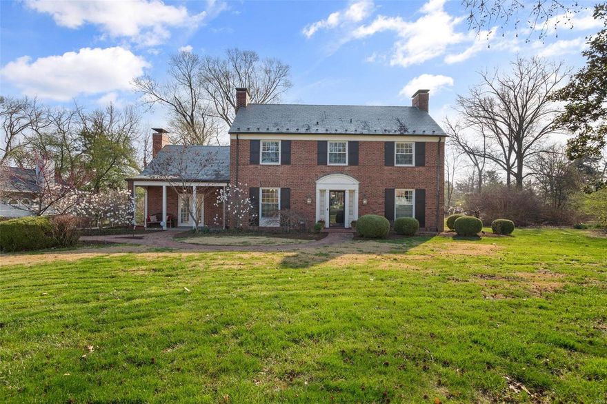 This stunning colonial situated on a picturesque  .65 acre lot in Ladue is truly what dreams are made of! The 4 bed, 3.5 bath home lives large while providing several opportunities to add on. Lovely entry foyer leads to formal living room w/ handsome fireplace. Separate formal dining room with bay window leads to an efficient galley kitchen w/ SS appliances  tons of storage. Cozy office/den includes entry to the covered porch and another fireplace.  Sunken, light-filled hearth room with built-ins and wood-burning fireplace offers additional space for casual dining. 2nd fl includes a primary suite, 3 additional bedrooms w ample storage & a full bath. Partially finished LL w/ walk out includes full bath storage & laundry.  Detached 3 car garage provides add'l privacy to flat backyard perfect for a future pool. Thoughtfully maintained w/ newer windows copper gutters & driveway. Furnaces ('15, '18), Water Heater ('22). Entire 2nd flr has hardwood under carpet. Showings anticipated 4/2.