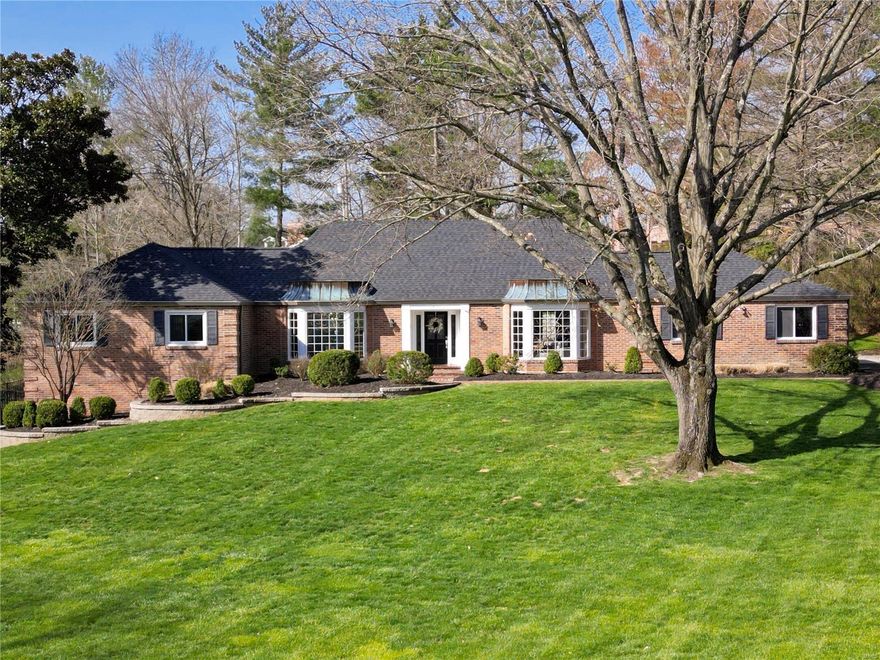 Gorgeous 1.5 story, 4 bedroom brick home located in Thornhill Estates, Town & Country between Topping & Mason Roads. Sprawling beauty sits high on over 1 acre, features a resort style backyard with fenced in yard to a pool, new composite deck with pergola, lush landscaping & new stairs to the fantastic walkout remodeled lower level family & game room. Many updates in the past few years- refinished hardwood floors throughout, updated 4 full baths, main floor master suite luxury spa bath, laundry & custom closet, 2 spacious bedrooms upstairs that share a full bath. Entertain in the enlarged kitchen with island that overlooks the glorious backyard. This home flows from the inviting dining room, the front facing living room that opens to the lovely family room that is centered around the gas fireplace. Stunning views out every window! Side entry garage w/ epoxy floors, new roof/gutters, siding, HVAC, freshly painted, Award Winning Parkway West-Welcome home!