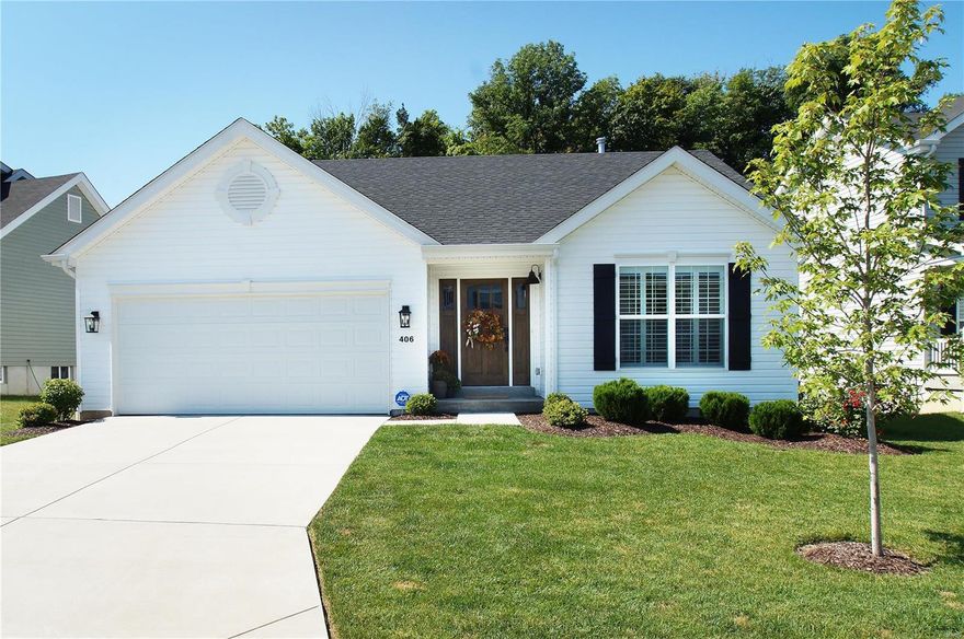 Modern Farmhouse perfected in this 2 year young home! Curb appeal welcomes you home! Coach lights flank the garage door, professional landscaping, board and batten shutters accent the vinyl siding, and gooseneck front porch light. Open the craftsman style front door to bright and airy, vaulted ceiling. The family room offers a view into the breakfast room and kitchen. Every chef will appreciate quartz countertops, subway tile backsplash, gas range, stainless steel appliances and mixed metal fixtures. The owners suite has a walk-in closet, and private full bath. Step down to your fully fenced yard and enjoy the wooded view out of the back. Upgrades throughout: plantation shutters, architectural shingle roof, two panel doors, custom shelving for basement storage. Winding Bluffs features walking trails, a stocked fish pond, dog park and walking distance to George Guffey Elementary school! Why wait to build when you can have this gem!