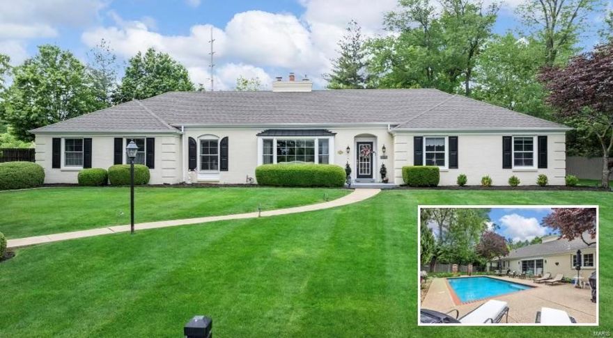 BEST DEAL going in LADUE on this Impeccably maintained classic home offering extensive custom updates & beautiful, private in-ground pool & large yard on cul-de-sac! Warm & welcoming, this quintessential home offers a lg formal living rm & very spacious family rm, both w/newly upgraded gas fireplaces! Extensive mouldings/trim & hardwoods throughout as well as built-in bookcases surrounding stone fplc in family rm. Perfect for entertaining, w/formal & informal seating areas. Gorgeous kitchen w/granite counters, stainless appl, incl gas cooktop, wall oven & pantry cabinet! Fantastic mudroom w/marble floors, built-in cabs, deep sink, closet area w/washer/dryer, full bath. Step out large glass doors in family rm to your private oasis! Pool completely rehabbed in 2022. Oversize master suite w/beautifully updated master bath w/marble floor, dressing area, walk-in closet! 2 addl large bdrms & 3rd full bath! Basement offers tons of room for storage! Lg finished garage, in ground sprklr, more!