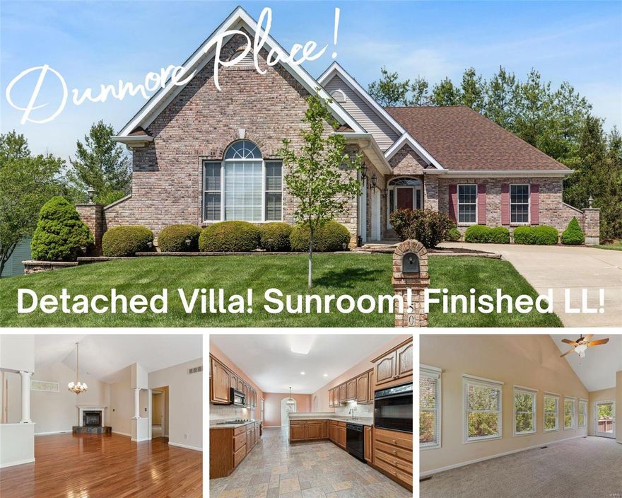 CareFree Living At Its Best At The Prestigious Area Of Dunmore Place! This detached villa is fabulous with hardwood flooring in great room & dining room with vaulted ceiling! Lovely fireplace in the formal dining room and flows into large kitchen with granite counters, built in oven and cooktop and lots of cabinets & counter space! Main floor laundry! Awesome vaulted sunroom that is used 4 seasons with view of wooded area! Huge master bedroom has coffered ceiling plus luxury private bath! Second bedroom & 2nd full bath completes the main level! But wait till you see the impressive lower level with huge family room, 3rd and 4th bedrooms plus 3rd & 4th full bathrooms! Family room has wet bar and walkout to patio area! Other features include oversized 3 car garage and cedar closet in lower level plus lots of storage! This is a must see home!! Duplicate listing MLS#23016968 Additional Rooms: Sun Room