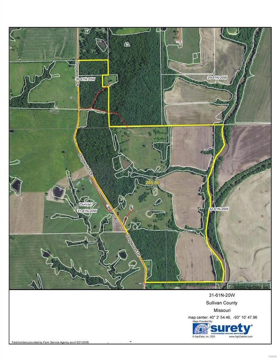 258 acres Sullivan - This farm includes; 123.61 /- acres of timber and pasture (60 /- acres pastured) being put into crop; 116.9 /- acres (80 /- acres tillable); 23.44 /- acres of timber on the North side of this property includes an access Easement for the Hoover Cemetery. There is an old house on the property that served as a hunting cabin. Beautiful stocked pond sits down in the valley, with a couple of more smaller ponds located in other areas. There is a 39x39 metal machine shed on the property as well. Tillable acres are rented at $22,987/Year including the hunting rights. Priced at $3805/acre.