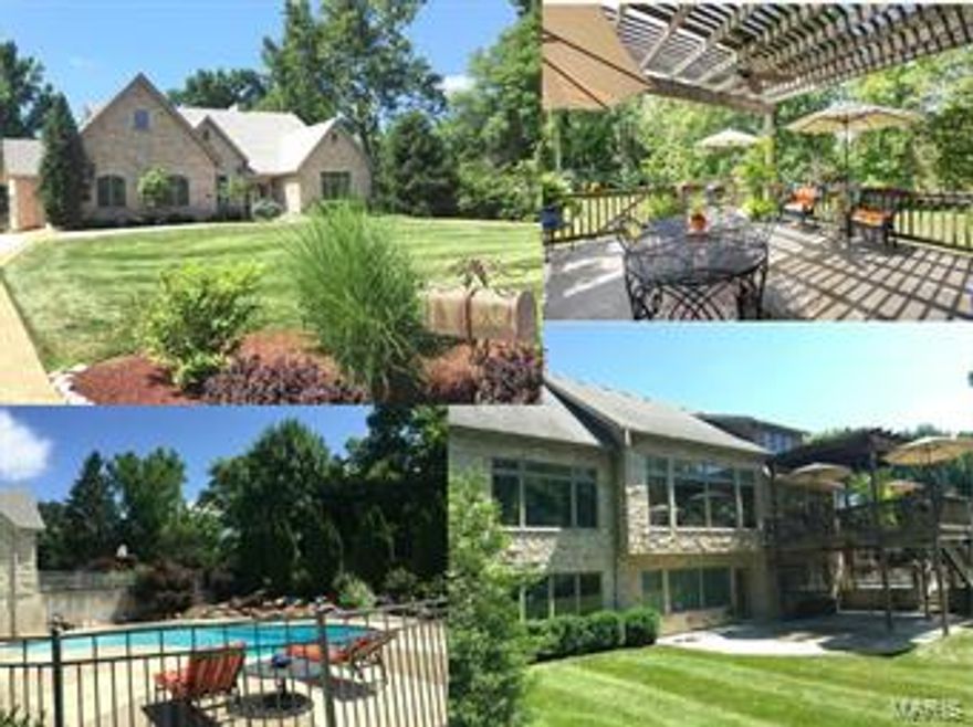 LEGACY HOME - lodge/resort feel - designed by engineer - stone exterior, giant windows to beautiful view. Open floor plan - informal & welcoming. DESTINATION HOME - your children & friends will gather here - at the Baker pool, while you barbecue on the upper deck. Indoors: lower level for ping-pong or pool and area for sectional couch and big screen television-KID HANGOUT HAVEN! Backyard - great for soccer, volley ball, football, croquet. Great room features 15 foot stone fireplace.  Also, MOTHER’S DREAM- huge laundry/mudroom: perfect place for the clutter to be organized and kept from the main house. Shopping, cleaners, movies, golf, tennis, etc - literally just down the road. Comfort, convenience and ease are the hallmarks of this location. St. Louis’s best private schools are very close by: Kirk of the Hills, Chesterfield Day, Whitfield, Priory, Westminster, CBC, MICDS, Principia. And easy access to 270 & 40.    TRULY A WAY OF LIFE AS MUCH AS IT IS A HOME! Come rest and enjoy!