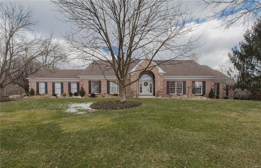 Sunset Hills, Lindberg Schools: Stunning all brick 4000 square foot custom built ranch on a cul de sac street with a huge fenced, level rear yard with heated salt water pool.  Loaded with updates in 2015.  Interior features include granite tiled entry foyer and hallway with arched doorways cased on wood trim.  Wide plank shaved wood floors in the Kitchen, Breakfast room and Family room.  Granite counters and Thermador double ovens.  Main floor laundry. Cathedral beamed ceiling in the Family Room accented with stone, gas fireplace.  Handcrafted beamed ceilings in the master suite are a work of art.  Newly remodeled luxury master bath with His/Her vanity, stand alone jet tub and luxury shower. Walk-in/walk through master closet with custom organizers can be shared with adjoining bedroom.  Newly finished lower level workout room and additional full bath with Sauna.  Covered patio overlooks the pool and professionally landscaped yard.  3 car rear entry garage, zoned HVAC, Home Protec. Plan