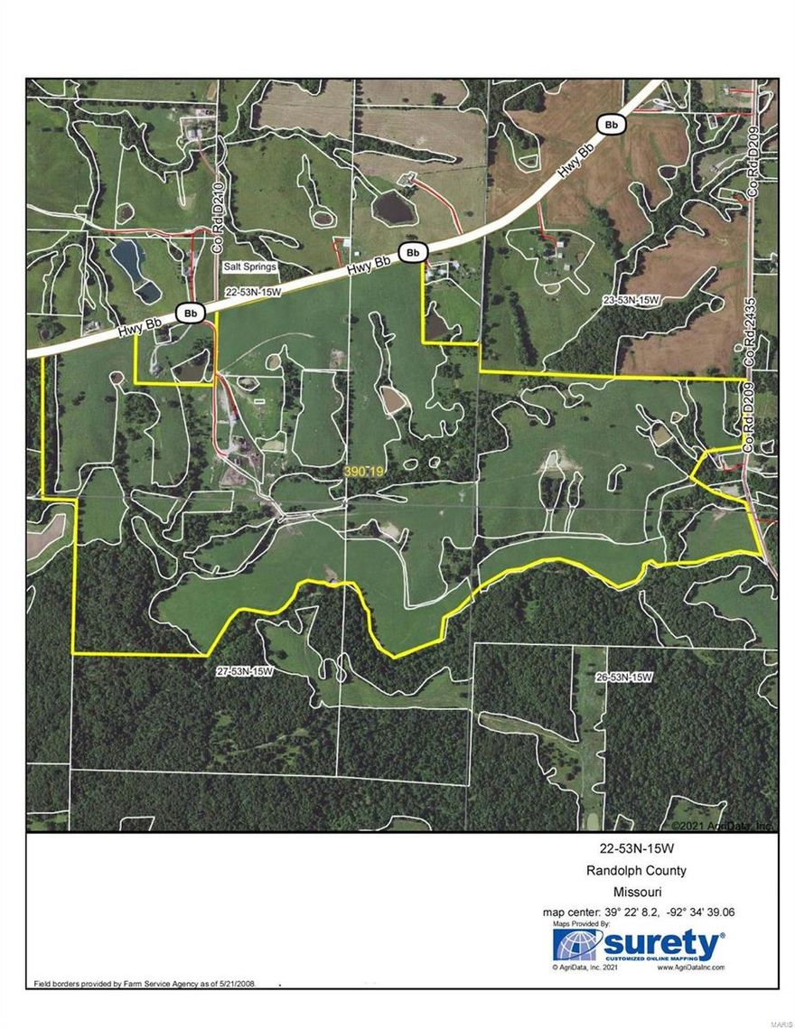 388 Acres Randolph - The farm is a mixture of open pasture and hay fields with the remainder being timber/brush. 276.76 acres are being put into row-crop in 2021 paying $140/tillable acre. Majority of the wooded acres are located along the southwest corner. Turner Creek runs through the southwest corner of property. There are several older buildings on the property located on BB Hwy Huntsville, MO $3250/acre. Subject to final survey.