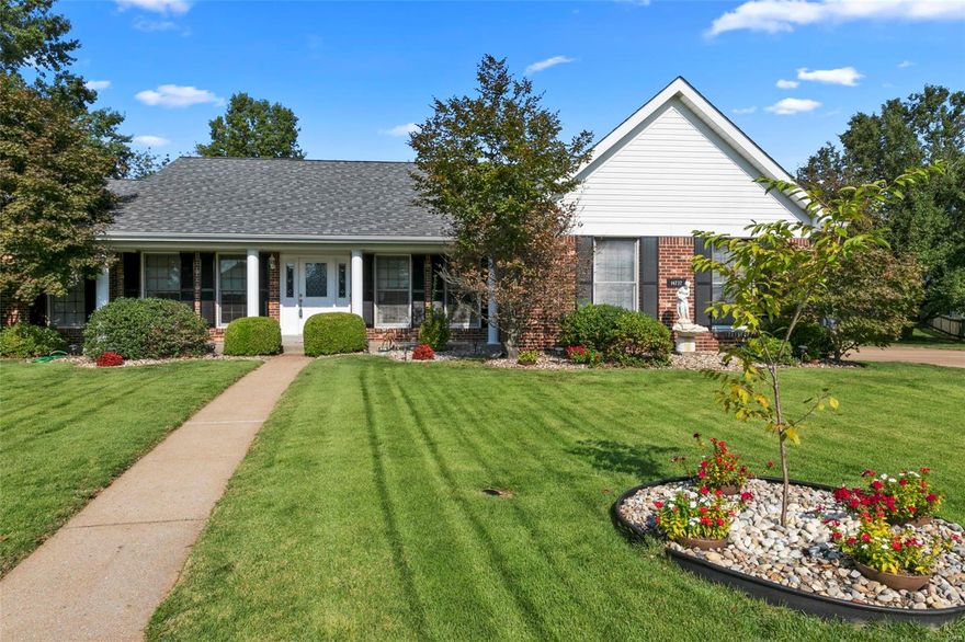 Situated on a cul-de-sac, the meticulously maintained landscape invites you into this 3-bedroom, 2 bath, 2122 square foot Ranch. Hardwood in the foyer, separate dining room, and separate living room. Lavish wood crown molding and chair rails make these rooms feel regal.  Partially opened to the family room, the kitchen and breakfast room have bright windows, ceramic tile and a glass door to the patio for entertaining. The family room vaunts a wood burning fireplace & built-in surround speakers.  Divided bedroom floor plan with master en-suite, separate and walk-in closets, jacuzzi tub and separate shower. The two other bedrooms are similar sized with hall bath between. Main floor laundry right off of the garage. Partially finished basement with sleeping room and large rec area. The unfinished area is vast with built-in shelving and wood working area. Quaint subdivision just off Old Halls Ferry, close to restaurants, shops, and public transportation on HWY 67.
