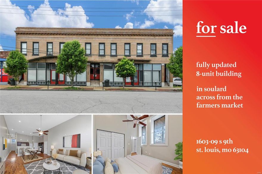 Fully updated investment opportunity in the heart of Soulard, directly across the street from the Soulard Farmers Market. The property consists of four, 1 bed/1 bath units and four 2 bed/1 bath units. The units have been completely updated throughout with high end finishes, new kitchens w/ stainless steel appliances, in-unit washer/dryer and central HVAC. Plumbing and electrical have also been updated/modernized. New TPO roof done in 2024. Current average rents for the 1/1 units are $1,133; and 2/1 units rents are averaging - $1,395. Market rents for 1/1 units are $1,295 & $1,550 for the 2/1 units.