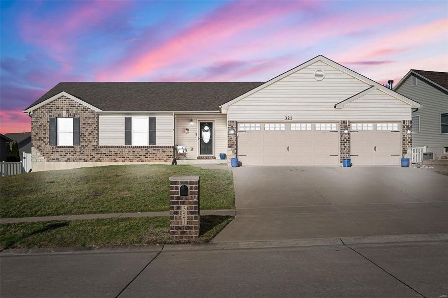 This beautiful ranch home in Wentzville features a spacious Great Room with vaulted ceilings, seamlessly flowing into the kitchen. The kitchen boasts a brick backsplash, center island, stainless steel appliances, and easy access to the main floor laundry. The vaulted Primary Suite offers a walk-in closet and a luxurious en-suite bath with dual sinks, a walk-in shower, and a linen closet. Two additional bedrooms share a hall bath. The finished basement includes a large Family/Rec Room with LVP flooring, a 4th bedroom, an additional sleeping room, and a full bath. The basement is roughed-in for a kitchenette with plumbing and electric for a stove. Outside, enjoy the oversized aggregate patio with ample privacy provided by a 6-ft vinyl fence. Additional features include neutral paint, new carpet in the main living areas and bedrooms, and a 3-car garage. This home offers both comfort and convenience in a desirable location. Additional Rooms: Mud Room