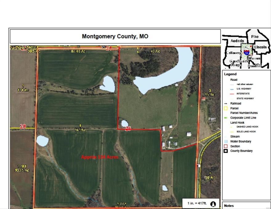 GREAT BELLFLOWER FARM - 124 Acres Total which includes approximately 113 Acres in Tillable This property Fronts Hwy E and also backs to McCullouch Road with great access! - Additional acreage with home lake & outbuilding avaialble