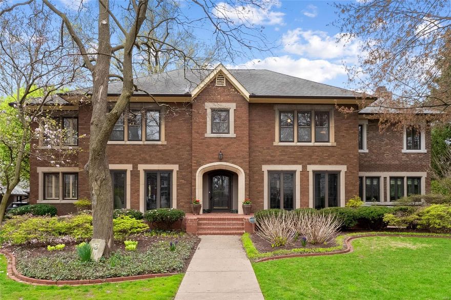 Clayton’s most stately home in sought after Claverach Park. The 1929 home hosts a center hall plan, and numerous oversized rooms, making it an ideal choice for entertaining. Built-ins & bonus features elevate the space, creating function within the beauty of historic craftsmanship. Leaded glass windows & French doors create wonder throughout the home as you tour the grounds. Spanning 3 floors of the home are 5 bedrooms, 5.5 baths, and upgraded features such as heated floors, 2nd floor laundry, walk-in closets, & spa-like bath amenities. Outside, heated pebble-tec pool await you w fabulous stone patio, gas bbq line, & fenced-in landscaped yard. Bomanite driveway leads to back of house w an oversized (12' 8" ceiling) 2-car rear-entry garage. Finished basement incl. half bth & area for gym, plus large unfinished area w laundry hook up, workbench area, & access to backyard. 4 zones to adequately heat & cool, furnace & water heater (2020), 2 gas firepl, security system, & built-in speakers. Additional Rooms: Mud Room, Sun Room