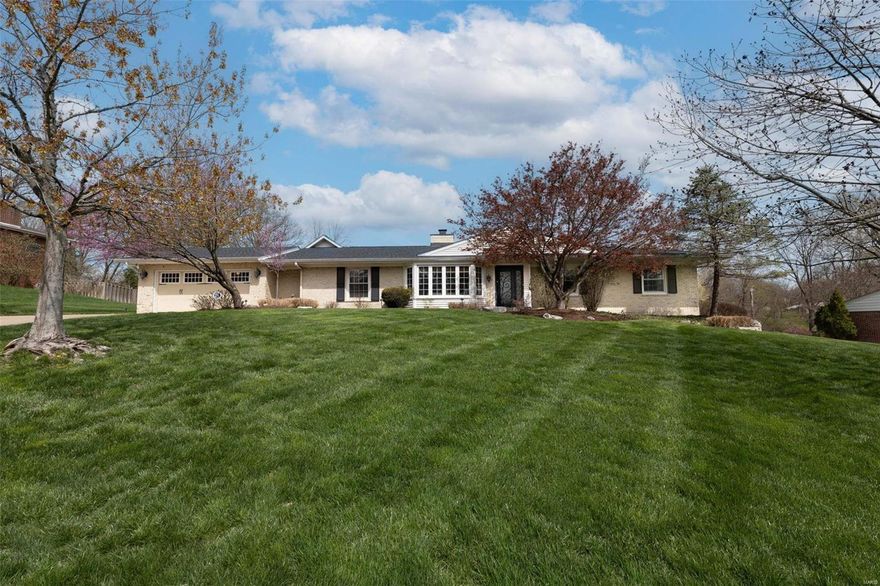 Discover luxury living in this exquisite ranch home within the prestigious Ladue Schools district. This property boasts a captivating  split bedroom open floor plan, a resplendent pool, private patios and a tranquil pond view, complemented by a spacious veranda. The heart of the home, the gourmet kitchen, features a grand granite island, high-end Wolf appliances, and a secret passage reminiscent of Harry Potter pantry. Interior highlights include vaulted, beamed ceilings, artisan stonework, a cozy vaulted hearth room, wet bar, great split bedroom plan perfect for an in-law suite or out of town guests. The master offers spa-like serenity with a stunning bath and french doors opening to the patio and pool. The partially finished lower level provides extra rec space with a half bath. Enjoy modern comforts like surround sound, a main-level laundry room, full-house generator, and the privacy of this 4+ bedroom with over 5,000+ sq ft on a one-acre lot on a culdesac street. PHOTOS COMING SOON Additional Rooms: Mud Room