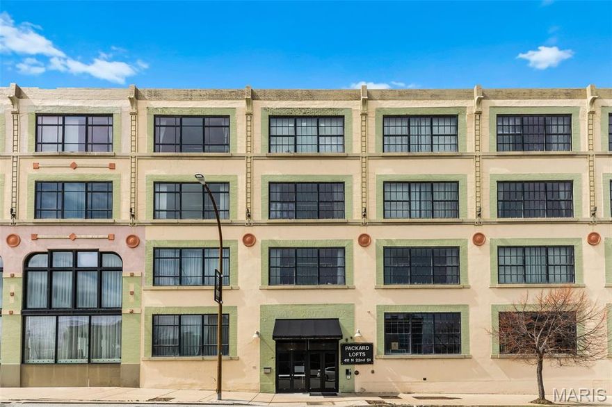 Experience loft living at its best in this top-floor 2-bedroom, 2-bath condo at 411 N 2nd St #405, 63103. With 1,230 square feet of open-concept space, dramatic high ceilings and large windows, the unit is flooded with natural light and offers spectacular downtown views. The flexible floorplan is ideal for entertaining and comfortable everyday living. Enjoy the convenience of a dedicated garage parking space and secure building entry. Prime downtown location — steps from restaurants, nightlife, parks and public transportation.