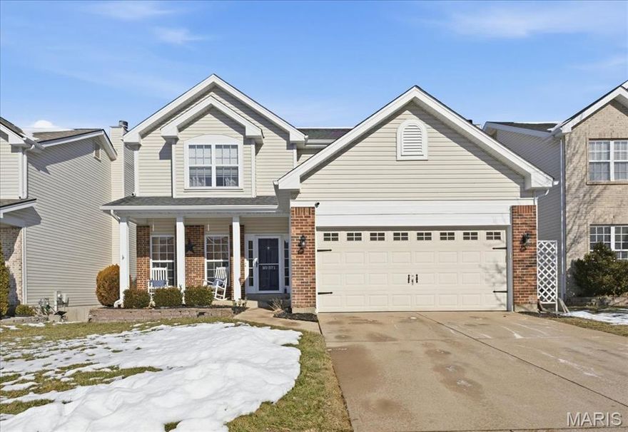 Move-in ready two story on a quiet cul-de-sac setting in the legends golf community! A+ curb, appeal with covered front porch, brick accents and low maintenance landscaping. Walk inside and you’ll love the open spaces, natural lighting, tall ceilings and gleaming solid wood flooring.  Entry foyer is flanked by a formal dining room with custom chandelier.  Family room includes a fireplace with full surround, ceiling fan and bay window extension.  Kitchen includes numerous updates, including granite counters, stainless steel appliances, custom cabinets, tile, backsplash, large center island and dining area. Updated guest bath and main level laundry with storage area incorporated.  Upstairs is a HUGE master bedroom suite with
tray ceiling, luxury updated master bath with walk-in closet, three additional bedrooms and a second full bathroom. Walk out lower level is ready for finishing.  Outback is a deck with three season enclosure, large concrete patio, and usable fenced in yard. Rockwood school district, walking distance to the country club, community amenities and more. This one won’t last long!