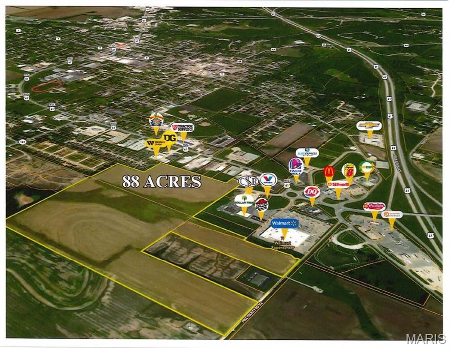 Located at the epicenter of Bowling Green, MO, just East of HWY 61 Business Loop overpass off Bowling Green Parkway lies this Large 88 Acre Developmental Tract. This property is adjacent to the Super Walmart and Town Center. City Utilities at Site with a Number of Access Points, ready for development. Multiple developmental possibilities from Retail Strip Center, Stand-Alone Fast-Food Restaurants, Gas Stations, and Residential. Prime for Current or Future Development. Seller my consider Subdividing.