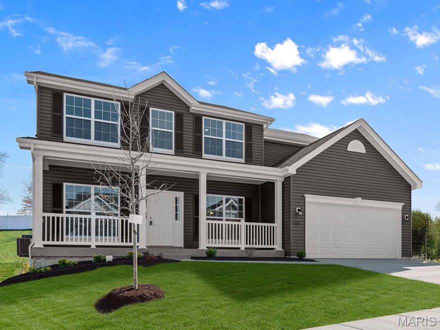 McBride Homes’ Hermitage II 4BR, 2.5BA 2-story home is ready this summer! Walkout homesite! A dedicated dining and office space, and dual-zoned HVAC, provide ample space for the entire family. Highlights include wood laminate flooring throughout the main level and a bright family room with a window wall. The kitchen has a large island, level 4 Brellin White cabinets, quartz countertops, a pantry & stainless-steel GE appliances. Upstairs, the primary suite has a large walk-in closet & private bath w/tub and a large window, walk-in shower, & double sink vanity. Three additional bedrooms & hall bath add convenience. Extras include main floor powder and laundry rooms and lower level ¾ bath rough-in. Valley View Farms offers beautiful new homes in Union, MO with easy access to shopping, dining, schools, and I-44 for convenient everyday living in Franklin County. Enjoy peace of mind with McBride Homes’ 10 year builders warranty & incredible customer service! Similar photos shown.