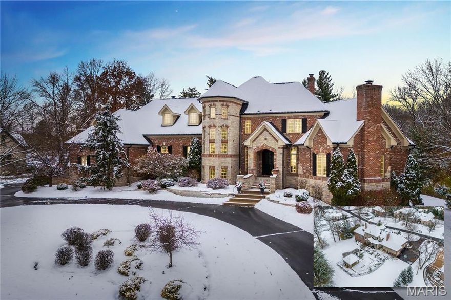 Stunning, European inspired 1.5 Story home sitting on a spectacular .98-acre, cul-de-sac lot, in the desirable Colony Woods subdivision - Award Winning Parkway West Senior High & Mason Ridge Elementary! This home features superb craftsmanship & distinctive architectural elements throughout with 5 beds - 5 full & 3 half baths and nearly 7200 square feet of living space including the impressive finished lower level! It has been impeccably maintained, has significant updates, and is painted in stylish, neutral colors, making this home truly move-in ready. Once you walk through the beautiful mahogany double doors, into the foyer, you will know you are home. Main floor boasts a separate formal dining room, a private home office / study with French doors, beamed vaulted ceiling, wainscoting, floor to ceiling stone gas fireplace & a wall off custom built-ins, a light-filled great room, with a wall of windows, bringing the outside in, and a stone gas fireplace, flanked by custom built-ins. An updated gourmet chef's dream kitchen with an abundance of custom cabinetry, Quartz countertops, tiled backsplash, contrasting color center island / breakfast bar, walk-in pantry, top of the line commercial grade, stainless steel appliances, including 6 burner gas cook top, custom hood, full size fridge & freezer, Butler's pantry with beverage cooler, an adjoining breakfast room, with wide bay window, and a hearth room, with brick & stone gas fireplace, flanked by built-ins. If that is not enough, there is an amazing main floor laundry with custom cabinets & granite counters & a mud room with organized floor to ceiling cubbies and window bench, a lovely powder room, a spacious primary retreat with an updated luxury bath (2022) - his & her vanities, large stand-alone walk-in, multi-head shower, designer tub, and his & her custom organized walk-in closets. Walk up the incredible turret staircase to the 2nd floor, featuring 3 generous sized bedrooms, all en-suite, with their own updated full baths & walk-in closets, and a wonderful, vaulted bonus room, currently used as another legal bedroom. The incredible professionally finished, walk out lower level features a large rec room, with custom wet bar & gas fireplace, home theatre, fitness room, craft room, the 5th legal bedroom guest suite, a full & half bath, still leaving plenty of unfinished storage. Additional features include newer roof & gutters (2023), newer zoned HVAC, extensive millwork, archways, professionally landscaped grounds, circular driveway, multi-zone irrigation & security systems, and an oversized 4-car garage, just to name a few. Step outside through the French doors into your private oasis with 2 expansive, cool deck patios (resurfaced 2021), in-ground saltwater pool & pool house, with built-in bar, half bath and outdoor shower, still leaving plenty of green space to install a sport or pickleball court, play gym, or just hosting a neighborhood soccer or football game. This home is perfect for family gatherings, and entertaining friends. The location could not better - near major hospitals, shopping, restaurants, county parks and easy access to major highways.