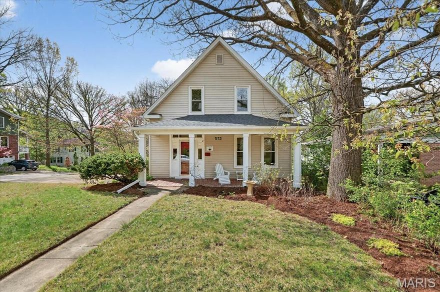Open House Sunday 1:00-3:00.  You’ll fall in love with this charming Century Home located in the highly desirable Tuxedo Park neighborhood of Webster Groves. The home offers wonderful curb appeal with its native plant garden and a stately entry foyer featuring the original front door, vintage doorbell, and transom window. Hardwood floors run throughout the home, adding warmth and character.
The updated kitchen includes an island that opens to the breakfast room—an ideal spot to enjoy views of the backyard or keep the cook company while meals are prepared. A main-floor bedroom offers convenience with its private full bath and a laundry area equipped with a stackable washer and dryer that stay with the home.
Upstairs, the spacious primary suite addition is surrounded by windows, filling the room with natural light. An adjoining room with two closets and built-in cabinetry provides flexible space for a nursery, office, workout area, or sitting room. The large, updated bathroom features a generous vanity and custom tile. Another bedroom on this level includes a walk-in closet.
The walkout basement is unfinished and includes a cold-storage area perfect for lawn equipment, bikes, and more. Outdoors, you’ll enjoy the beautifully landscaped backyard with lush gardens, a patio, and a fire pit area—ideal for relaxing or entertaining.
Updates include a newer roof, new gutters, replacement windows, sump pump, radon mitigation system, and newer high-efficiency furnace and water heater.