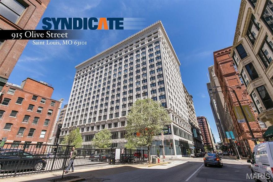 You will LOVE this open and bright luxury condo, high up on the 12th floor in downtown's premier building The Syndicate! Features include stainless steel appliances, hardwood flooring, Chicago-style windows, stunning kitchen with dark wood cabinets and white Corian counters, great western views, private laundry room with full-size washer and dryer, large walk-in closet in master bedroom, luxury bath with marble counters and Jack-n-Jill doors, custom window treatments on all windows, a separate space for that office desk and much more!!! This location is PRIME! Just steps to Citygarden, Ballpark Village, restaurants, parks and downtown's best grocer Schnucks is actually connected to this building. Enjoy four art galleries, a workshop area, club room with games and kitchenette, plasma TV, two outdoor decks, rooftop featuring a gas fire pit, meeting room and a wonderful 2,600 square foot fitness center. Also enjoy private heated residential garage parking and extra storage INCLUDED. Additional Rooms: Workshop/Hobby Area Location: Downtown, Upper Level