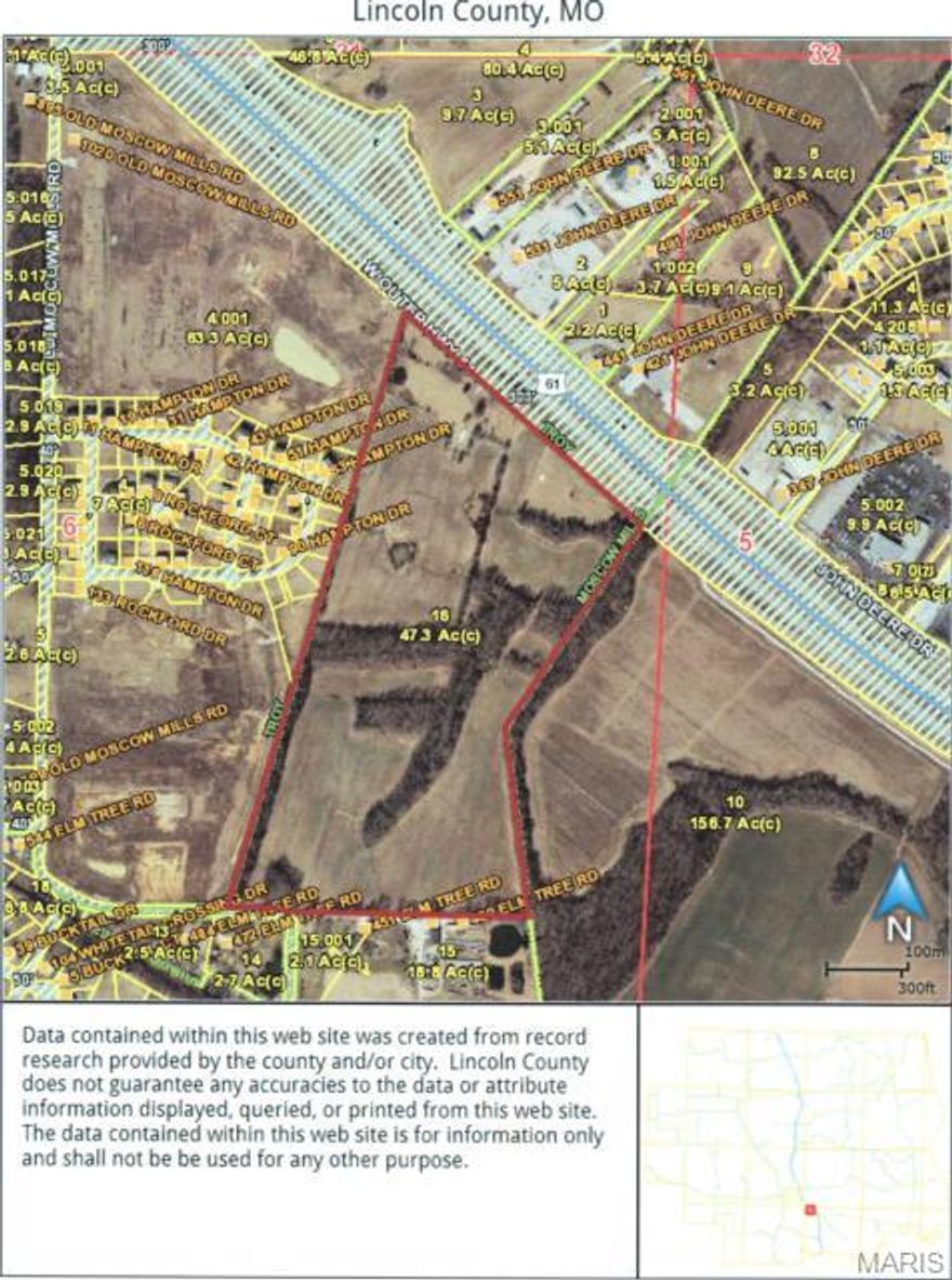 54+/- acres South of Troy, 10 minutes to Wentzville.  Excellent Hwy 61 visibility adjoining Troy City Limits to the North and Moscow Mills to the South.  Near Troy 9th Grade Center.  Approx 1320' of Hwy 61 frontage and 300' of Elm Tree Road.  Utilities available.  Seller will divide.