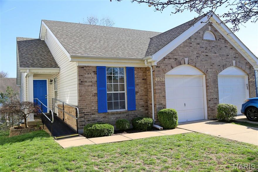 Move in condition 3 bedroom 2 full bathroom ranch style villa with 1 car garage. Newer carpet (Mar ‘26) throughout main floor and lower level. Fresh paint throughout main floor and lower level. Vaulted ceilings in the great room and dining room/breakfast room. Newer SS appliances in the kitchen. Recently built (Dec2025) Deck off the breakfast room. Generous master bedroom on main floor. Main floor laundry. Washer and dryer can remain. Lower level has a huge 3rd bedroom and full bathroom. Spacious recreation/family room and sliding glass door that walks out to patio space. Accessibility ramp at front door is negotiable. It can be removed and is not attached to the home. 1 car attached garage. Close to hwy 270, 370, and Lindbergh. Convenient location!