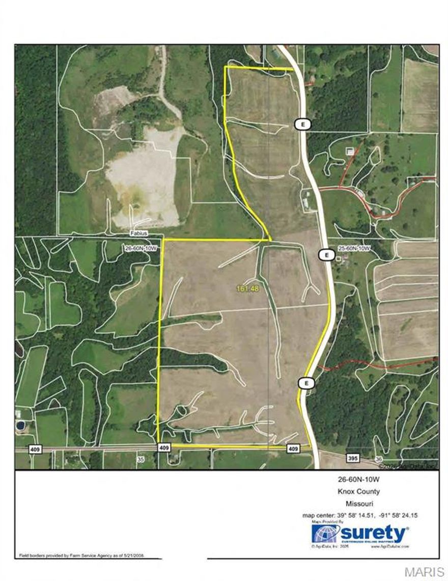 161 ac in Knox County, Missouri with 152 ac tillable.  Owner is willing to sign a 3- or 5-year lease paying $250 per tillable acre. Farm has a hunting lease in place paying $3000 per year. Priced at $8,000 per acre. Will be subject to a survey.