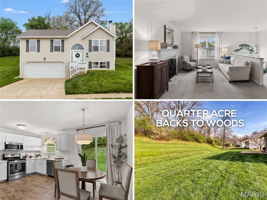 First time on market - Elegant split foyer with 3 bedrooms, 2 baths and FINISHED LOWER LEVEL on QUARTER ACRE lot - situated on quiet dead-end street backing woods. Classic CURB APPEAL with low-maintenance vinyl siding, OVERSIZED 2-car garage and grand ARCHED WINDOW over 2-story entry foyer. Step up to spacious living room with incredible eastern-facing NATURAL LIGHT and cozy woodburning FIREPLACE - ideal for gatherings. Open kitchen/dining with white cabinets, QUARTZ COUNTERS, storage pantry and gas cooking (refrigerator stays). Relaxing PRIMARY SUITE with step-in shower. Secondary bedrooms share hall bath with tub/shower combo. Downstairs multi-purpose room with carpet, convenient laundry (washer and dryer stay), plus storage. Updated HVAC systems. Fantastic location with errands within 2 miles. Short drive to 48-acre Evangelista Park, and 260-acre North County Rec Complex (pool, gym, track, playground) with Eagle Springs Golf Course (2 courses, driving range, shop, restaurant).