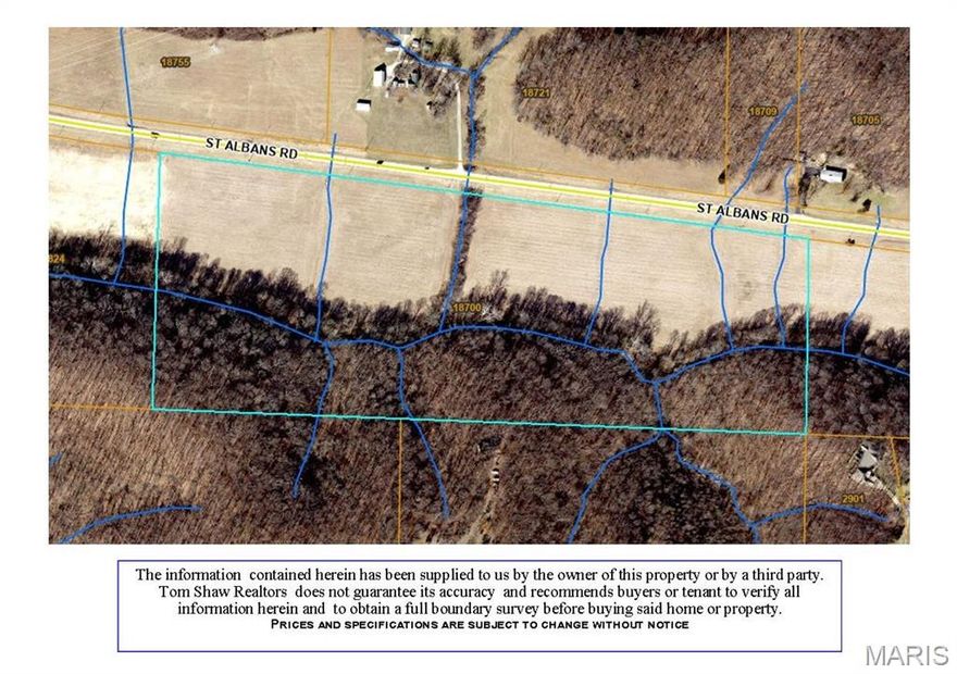 37.04+/- Acres of PRIME equestrian/farmland in Wildwood! 2,151 Feet of road frontage. Partly cleared and level, partly wooded, with Wild Horse Creek running through property. Close proximity to St Albans Country Club and Wildwood amenities. Not in a subdivision, just Wildwood and St. Louis County regulations. Must see!