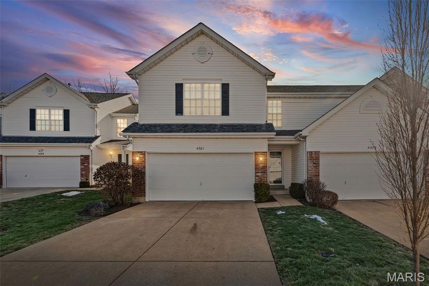 Move-in ready, low-maintenance living awaits in this beautifully updated 2 story,  Bristol Ridge neighborhood homye in sought out Mehlville Schools! This Beautifully maintained end-unit home is tucked away on a quiet cul-de-sac, backing to trees for added privacy. Step inside to an open and inviting floor plan featuring generous room sizes, 3 bedrooms, and 2.5 baths. Gleaming hardwood floors extend from the foyer through the open concept living room and eat in kitchen, creating a warm and cohesive main living space. The refreshed kitchen shines with professionally painted cabinets, newer quartz countertops, a newer backsplash, pantry, and updated lighting, along with a range,  refrigerator,  and dishwasher that stay with the home. The light-filled living room boasts a stunning five-window bay and  invites you to the freshly painted deck ideal for relaxing. No need to mow or shovel snow here! The Hoa will take care of the lawn and landcaping and exterior home maintenence including siding & Roof which replaced in 2023, common grounds,  & snow removal- even in your driveway! Upstairs, the expansive primary suite offers a private full bath and two walk-in closets. Find walk-in closets in both additional bedrooms. Conveniently located, the second-floor laundry adds ease to daily routines. The finished lower-level family provides additional living space and a delightful storage room. Additional highlights include some freshly painted areas throughout the home, new carpet, smartly updated lighting in areas, a two-car garage, and a prime location close to everything. Water heater in 2014, HVAC/Furnace 2018. Boasting nearly 1700 sqft, This home truly combines practicality, good use of space and convenience—just unpack and enjoy.